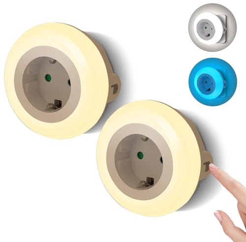 Aigostar 2 Piezas Luz Nocturna con Enchufe y Toma de Corriente, 3 Colores Luz Noche con Sensor de Luz y Control Táctil, Luz Quitamiedos Infantil para Dormitorio, Pasillo, Cocina