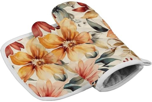 Simple Floral Pattern Oven Mitts and Pot Holders Set Heat Resistant Kitchen Oven Glove Insulated Potholders with Hanging Loop Non-Slip Cooking Gloves for Baking Grilling
