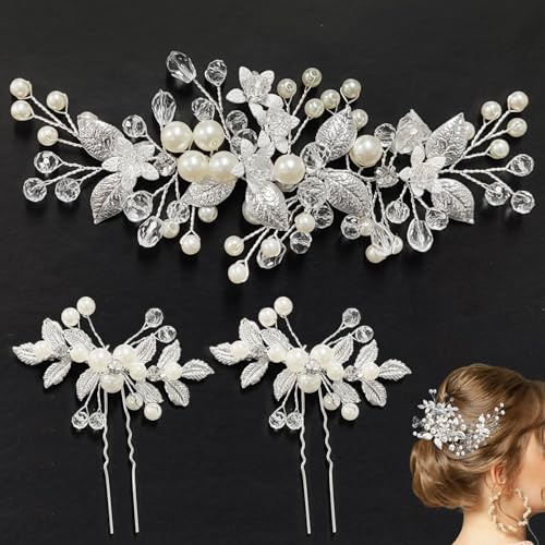 ZOCONE Braut Blume Haarschmuck Silber Kristall Stirnband Blume Blatt Kopfschmuck Perle Haarschmuck Braut Haarnadeln Hochzeit Kommunion Brautschmuck für Frauen und Mädchen Brautfrisur (B)