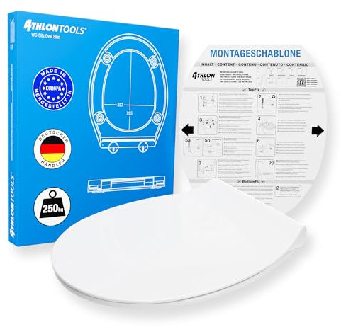 ATHLON TOOLS WC-Sitz Oval mit Soft-Close aus Duroplast, Quick-Release, Montage-Schablone, Toilettendeckel mit Absenkautomatik (Oval - Premium Slim)