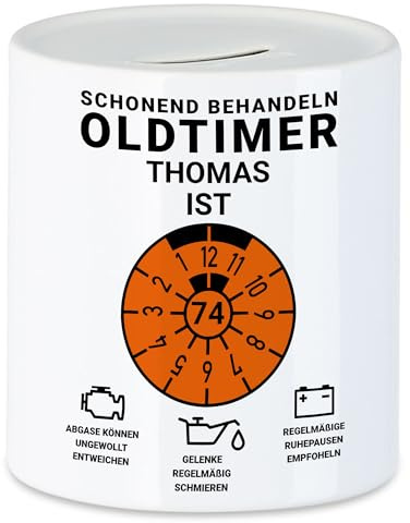 Kiddle-Design Personalisierte Spardose 74. Geburtstag, Schonend behandeln Oldtimer ist 74, 74ter Geburtstag Lustiges Geldgeschenk Frau Mann, Sparschwein Geburtstag
