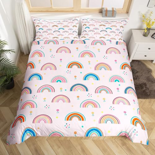 Manfei Rosa Regenbogen Bettwäsche Sets M Größe,Cartoon Bunte Blumen Druck Bettbezug Kinder Mädchen Jungen Frau Zimmer Dekor,Polka Dots Reversible Tröster Abdeckung Süße Girly Vivid Quilt Cover