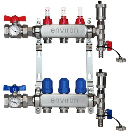 ENVIRON Distributore circuito di riscaldamento [2-12 circuiti di riscaldamento] con set di valvole a sfera e kit ventola rapida, riscaldamento a pavimento (3 circuiti di riscaldamento)
