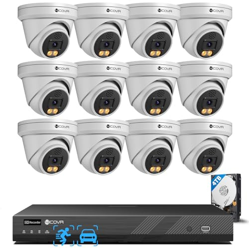 4COVR 5MP 16CH PoE Überwachungskamera Set, NVR 4TB, DLY97KA5M1612 | 12×5MP Dome Außenkamera IP67 für Gewerbe, mit 2-Wege-Audio & Dual-Licht-Farbnachtsicht, KI-Personen-/Fahrzeugerkennung