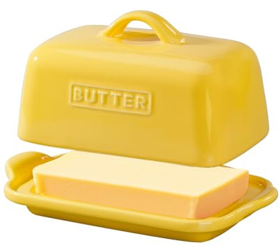 Große Keramik-Butterdose passend für 500 g & 250 g Butterblöcke, Butterbehälter für Küchentheke, Butterschale, Marke JSHKY, Gelb.