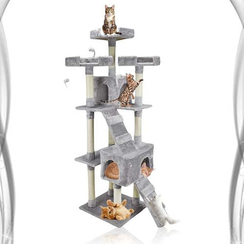 Abaseen 170cm Cat Tree Tower | Multilevel Climbing House with Condos & Ladder | Cat Activity Centre with Scratching Posts | Indoor Furniture for Large & Small Cats (Grey)
