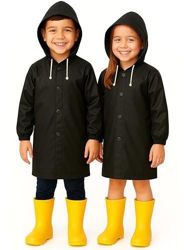 VESUVIUS 2 Pack Kids Waterproof Poncho - Long Rain Coats for Kids Waterproof Rain Poncho for - Ponchos Waterproof Rain Coat - Raincoats Waterproof Boys and Girls (2 x Black)