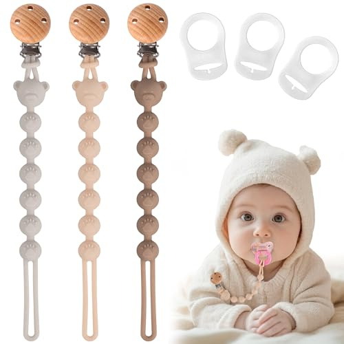 EARLY MINDS Set da 3 Catenella Portaciuccio in Silicone, Design Monoblocco Catenella Ciuccio per Bambine e Bambini, Portaciuccio Senza BPA, Elastiche e Robustezza (Crema Marrone Grigio)