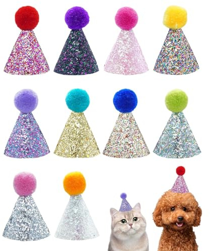 Muorruo 10 Stück Mini Partyhüte für Kuscheltiere, Bunte Partyhut mit Pailletten, kleine kegelförmige Partyhüte, Verstellbare Geburtstagshüte für Kleine Hunde, Katzen und Kleintiere