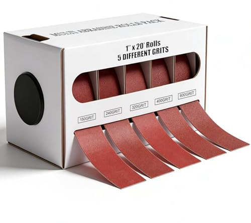 Rollo de papel de lija de 6 m x 25 mm, 5 grano 150, 240, 320, 400 y 600, rollos de papel de lija con caja dispensadora, juego de papel de lija para lijadora manual para madera y metal
