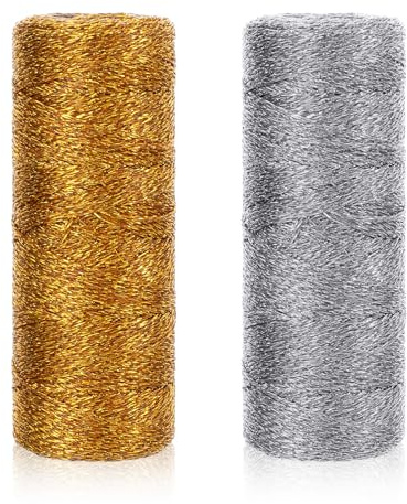 Ouligay 2 Rolls 656 Feet Twine String Gold and Silver Metallic String Glitter Wrapping Twine Strings Metallic Cord Crafts Gift for DIY Crafts Jewelry Making Hanging Card Wedding Birthday Holiday(1mm)
