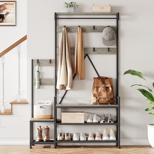 Aptliton Industrial Entryway Organiser with Shoe Storage Bench, Multi-Functional Hall Tree Unit with Coat Racks and Shelves for Home Organization