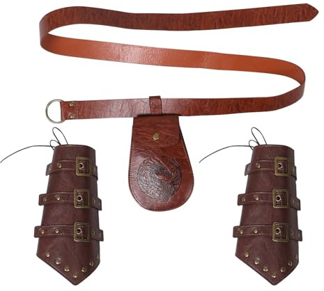 MUCKLILY Renaissance Wikinger Kostüm Zubehör Satz Verstellbarer PU Gürtel mit Tasche und Armstulpen Mittelalterliche Gürteltasche für Larp Cosplay Halloween Braun