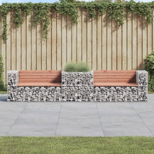 Teenpull Garden Bench with Gabion, Solid Wood Douglas Fir 314 x 71 x 65.5 cm, Galvanised Steel, Robust Outdoor Bench for Patio, Yard and Garden