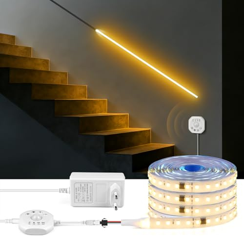 AIMENGTE COB LED Streifen, 5 m Warmweiß LED Treppenbeleuchtung mit Bewegungsmelder, Ausgestattet mit Zwei Beleuchtungsmodi, für Unterschränke, Küche, Treppen, Schlafzimmer