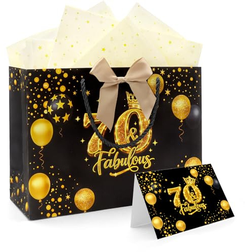 WALLFID Geschenktüte 70. Geburtstag Schwarz Gold, elegante Geschenkverpackung mit Grußkarte, 2 x Seidenpapier 50 x 70 cm und Schleifenband, für Oma, Opa, Familie und Ehrentag
