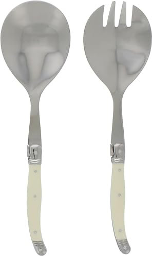 French Home Laguiole Connoisseur (Faux Ivory) Salad Servers 2 Piece Set — Stainless Steel Flatware Set — Salad Serving Utensils — Silverware Set Spoon and Fork Set — Dining Utensils Set