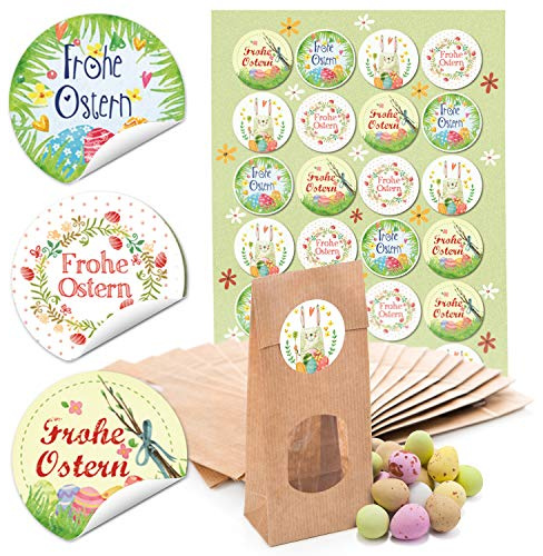 10 kleine Papiertüte Geschenktüten Kraftpapier braun mit Fenster beschichtet 7 x 4 x 20,5 cm Verpackung + 24 Osternest Osteretiketten rund Frohe Ostern Geschenk Aufkleber grün gelb pink bunt