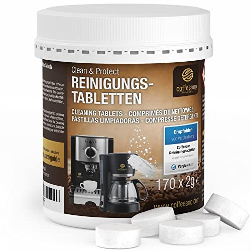 170 pastillas limpiadoras Coffeeano Clean&Protect para cafeteras automáticas y cafeteras. Pastillas limpiadoras aptas para todas las marcas y electrodomésticos. Incluye un libro electrónico