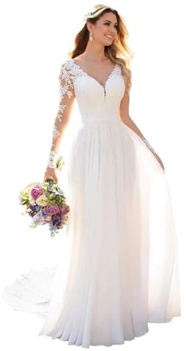 TANPAUL Spitzen Langarm Brautkleider V-Ausschnitt Grosse Grössen Hochzeitskleider Chiffon Beach Standesamt Brautkleid