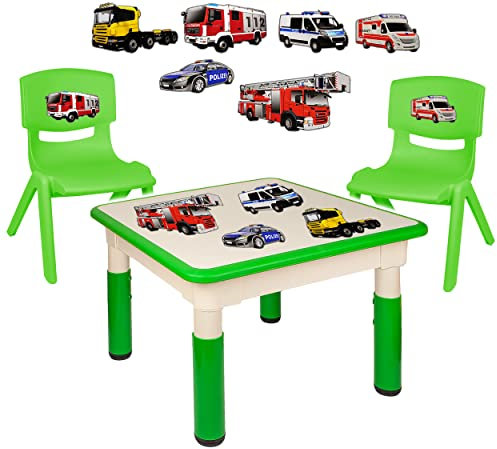 alles-meine.de GmbH Sitzgruppe für Kinder - Tisch + 2 Kinderstühle - Größen & Motiv & Farbwahl - Feuerwehr & Polizei Auto/grün - höhenverstellbar - 1 bis 8 Jahre - Plastik - fü..
