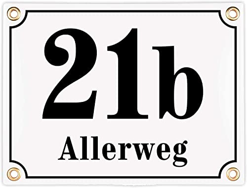 Sosenco Hausnummer mit Straßenname 20x15 Emaille Personalisiert (Weiss) | Handgefertigtes Emailschild & Hausnummerschild aus Metall. Extrem wetterbeständig & langlebig für den Außenbereich
