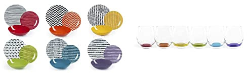 Excelsa Crazy Line Servizio Piatti 18 Pezzi, Porcellana E Ceramica, Multicolore & Granada Set 6 Bicchieri 400 Ml, Vetro, Trasparente Con Fondo Colorato