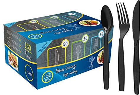 150Stück Wiederverwendbaren PlastikBesteck Set,BPA Frei,Bestanden LFGB,50 plastikgabeln,Messer und PlastikLöffel,für Familienfeiern,Outdoor Dinner(schwarz)