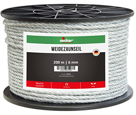 Eider Weidezaunseil, 6 mm Ø, weiß/grün - 200 m Rolle - sehr Gute Leitfähigkeit von nur 0,05 Ohm/m - Leiterbündelung durch Verflechtung - Made in Germany (1 Rolle)