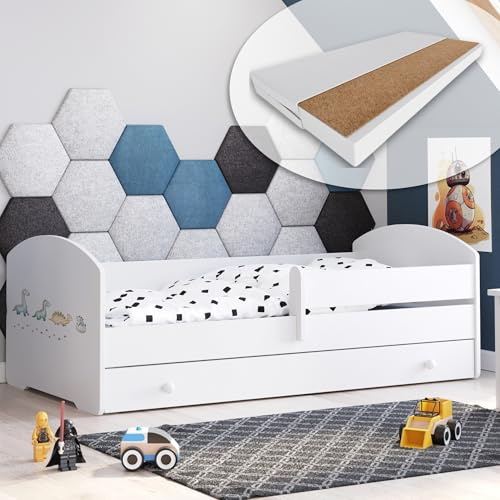 Kids Collective Lit Enfant 70x140 / 80x160 cm, Ensemble Complet avec Matelas, sommier, tiroir et barrière de sécurité | Lit Simple pour Enfants de 2 à 10 Ans | 80x160 cm | Blanc avec Motif au Choix