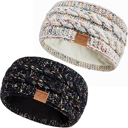 Hatromm Winter Headbands for Women Wool 2 Pack, Ear Warmers for Women Headband Knit Thick Fleece Lined, Cold Weather Warm Ear Muffs(Confetti Black+Confetti White)