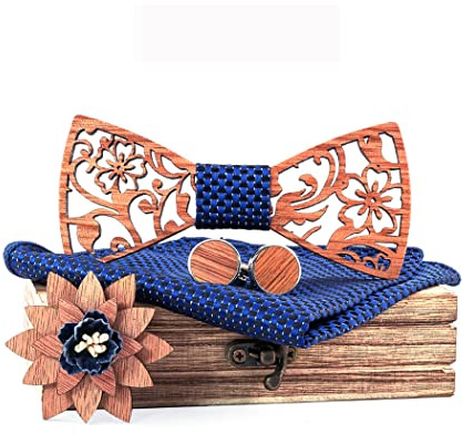 RQPYQF Ensemble de 4 Pièces Noeud Papillon en Bois, Boutons de Manchette, Broche et Carré de Poche - Fait Main, Accessoire Mode (Style#16)