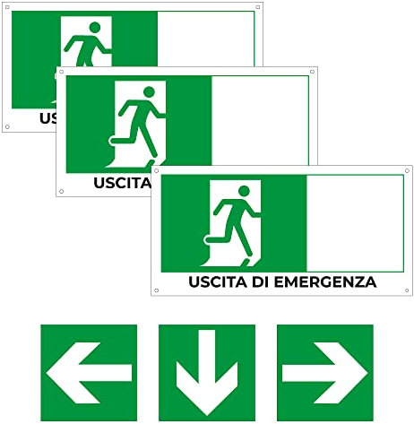SPACE - 3 Cartelli uscita di emergenza 30 x 15cm in PVC con Frecce Direzionabili per negozio e azienda uscita di sicurezza