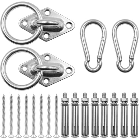 ZONADAH Lot de 2 crochets muraux robustes en acier inoxydable pour hamac, 20 pièces au total avec joint torique, crochets de suspension de plafond, balançoire extérieure, sac de frappe, mousqueton