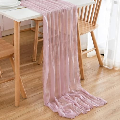 PAITOK Käsetuch Tischläufer, 90 * 300 cm Boho Gaze Stoff Tischdecke Rustikale Tischabdeckung Musselin Dekorationsstoff für Hochzeit, Baby Shower Party Tischdekoration（Rosa）