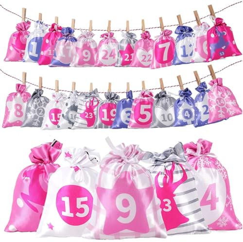 Weihnachts-Adventskalender-Tüten, 24 Tage Countdown Jutebeutel zum Aufhängen, Adventskalender, Geschenkgeschenke für Weihnachtsdekorationen(Rosa)