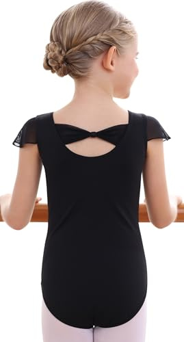 MdnMd Dance Ballet Black Leotard for Toddler Girls Gymnastic Bodysuit Outfit Bow Back Ruffle Sleeve (Black, Age 4-6 / 4t,5t)