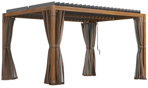 Outsunny 10' x 13' Louvered Pergola Hardtop Gazebo with Adjustable Aluminum Roof and Frame, Outdoor Pergola with Curtains and Netting, for Garden, Lawn, Backyard, and Deck, Wood-Like