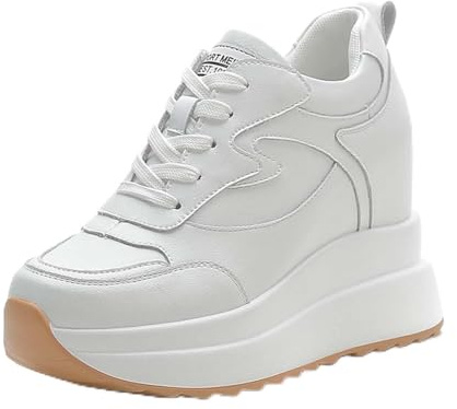 MIXSEN Baskets à Semelles Compensée de 10cm Chaussures en Cuir Compensés Sneakers Talons Wedge Outdoor Casual(Blanc-A,40EU)