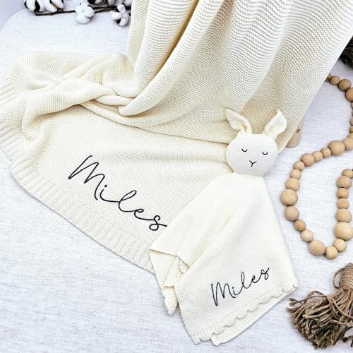 REEG Babydecken-Set, bestickter Name, Kinderwagen-Decke, Geschenk für Neugeborene, weiche, atmungsaktive Baumwoll-Strick, personalisierte Baby-Sicherheitsdecke (bestickter Name)