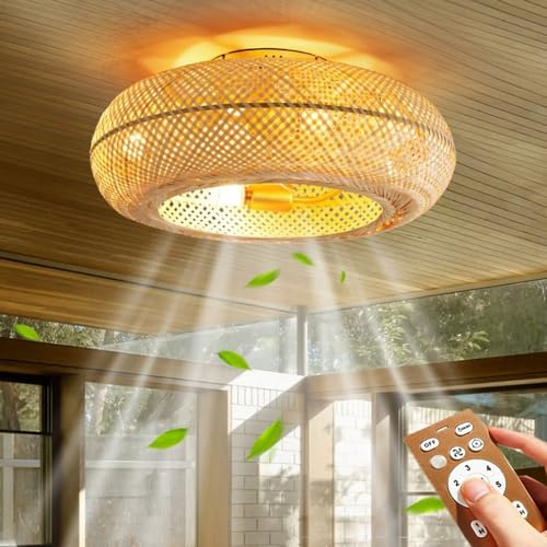 Bambú Retro Pantalla Ventilador De Techo Con Luz Techo Mando Distancia Plafón Silencioso Lámpara Suspensión 6 Velocidades Iluminación Colgante Reversible Ratán Vintage Dormitorio Salón Cocina Comedor
