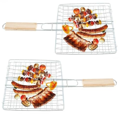Lot de 2 supports de barbecue avec poignée en bois | Panier de barbecue pour légumes de poisson, steak, côtelettes de crevettes | Grille de barbecue en métal 23 x 21 cm | Panier à légumes Burger