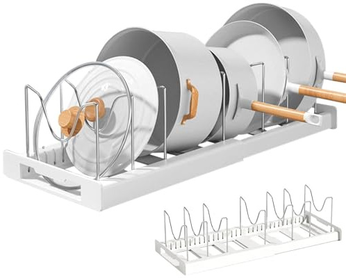Teleskop-Topf- und Pfannenregal, erweiterbares Topfdeckelregal, verstellbarer Topf- und Pfannen-Organizer, flexibles Topf- und Pfannen-Aufbewahrungsregal, Küchentopf- und Pfannen-Aufbewahrungsregal