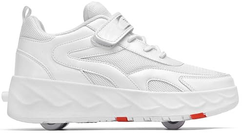 HEFAM Schuhe mit Rollen für Kinder Kinder Rollschuhe Schuhe mit 4 Rollen Turnschuhe Einziehbar 2 in 1 Multifunktions Rollschuhe Outdoor Laufschuhe Skateschuhe Sportschuhe, weiß, 34 EU