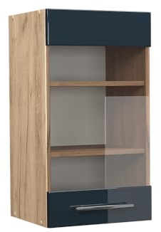 Vicco Küchenglasschrank Fame-Line, Dunkelblau Hochglanz/Goldkraft Eiche, 40 cm