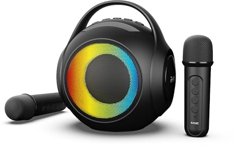 R-MUSIC DuOLED – kabelloser RGB-Lautsprecher mit 2 Karaoke-Mikrofonen – AUX-/Micro SD/USB-Anschlüsse, 11 Lichtspiele, 2 Mikrofone inklusive, Halterung für Smartphone, Stimmverzerrung
