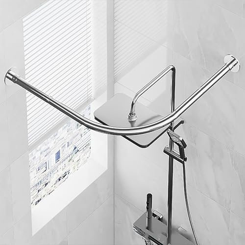 Verstellbare Vorhangstange Ohne Bohren, Duschvorhangstange L Form Dehnbare Edelstahl, Badezimmer Badewanne Dusche Vorhang Stange Rack, Für Badezimmer, Bekleidu(Size:C 90-130cm x 90-130cm,Color:Silber)