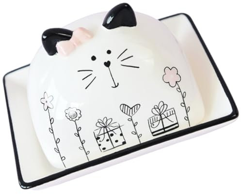 Cabilock Mantequera De Cerámica Con Tapa Caja Cubierta Para Mantequilla y Postres Diseño Gato Almacenamiento Fresco y Fácil Limpieza Para Cocina y Restaurante