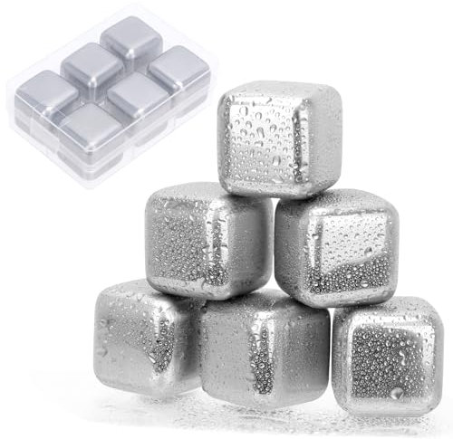 Stainless Steel Whiskey Stones Ice Cubes 6 Pcs Reusable Ice Cube Metal Ice Stones for Cooled Beverages Whisky Beer for Party Holiday Wedding 27x27 mm