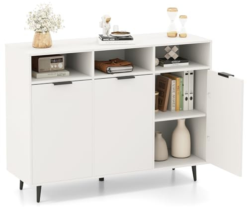 COSTWAY Sideboard Holz, Küchenschrank mit 5-Fach verstellbaren Regalen, Aufbewahrungsschrank mit 3 offenen Fächern & Türen, für Küche, Esszimmer & Wohnzimmer, 120 x 40 x 90 cm, weiß